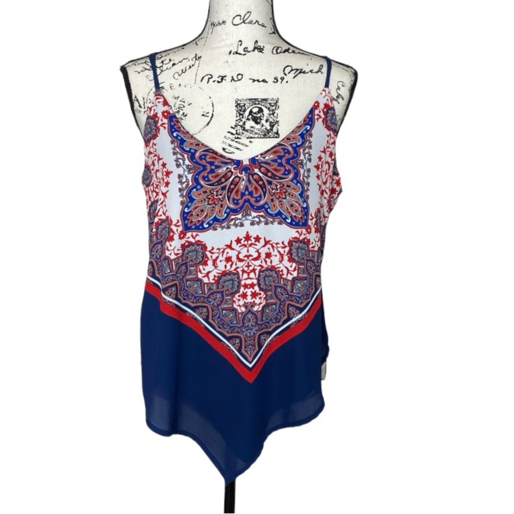 Takara Blue and Red Spaghetti Strap Top Blouse with Kalamkari Paisley Design